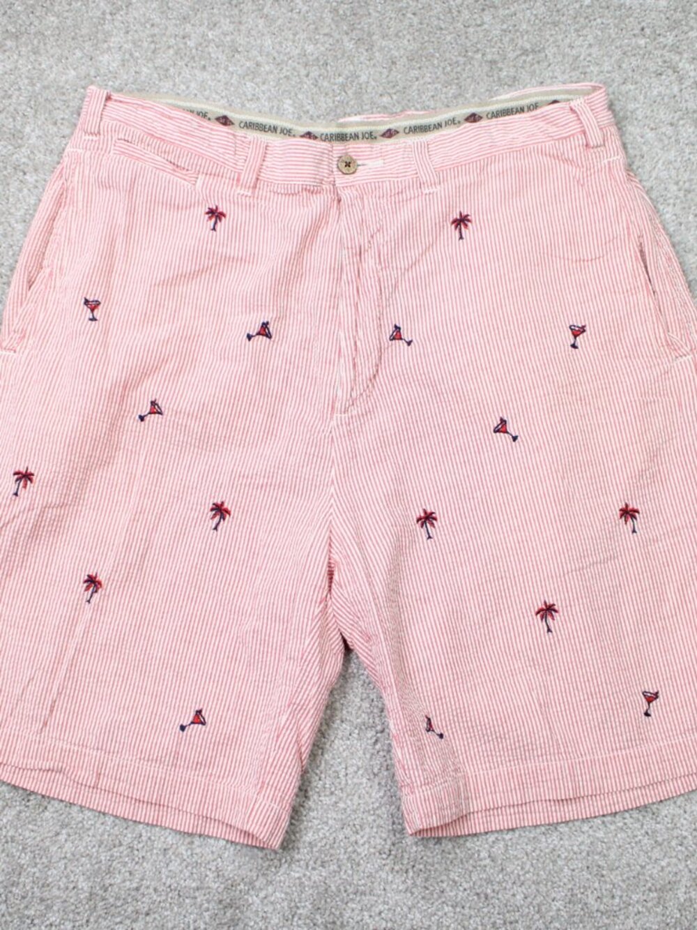 Caribbean Joe Shorts Mens 34 Pink Seersucker 8" Chino Drink/Palm Tree AOP Cotton